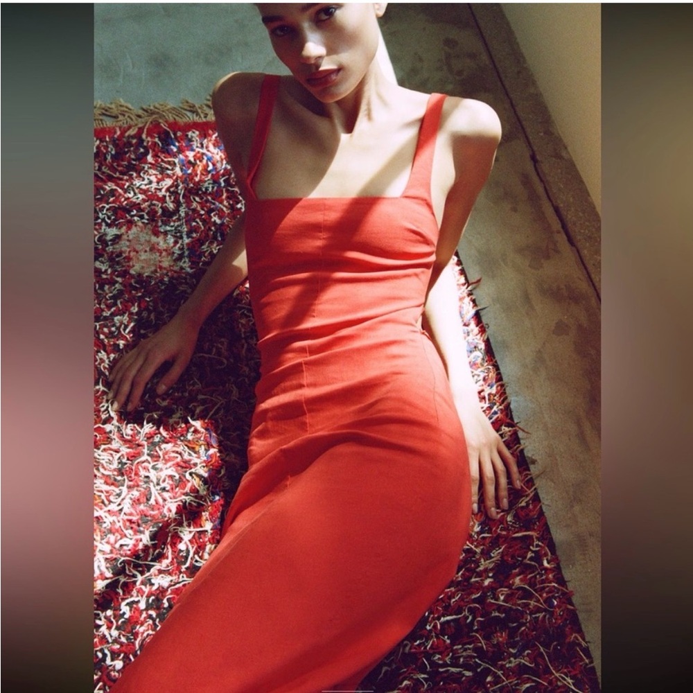 Zara Vibrant Red Square-Neck Midi Dress